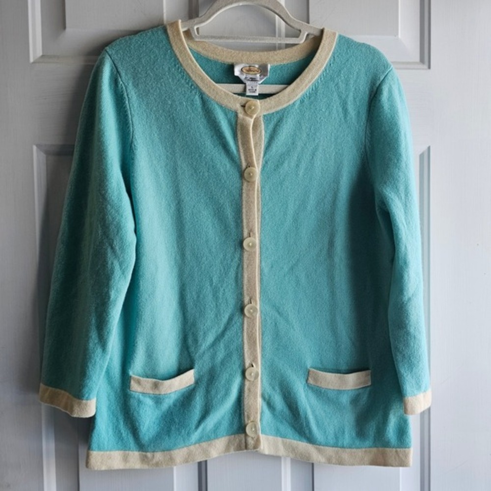 Talbots Pure Cashmere Cardigan Teal Cream Button‎ Front Pockets Size L